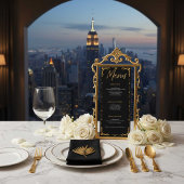 Elegant Black and Gold Floral Wedding Menu Card メニュー