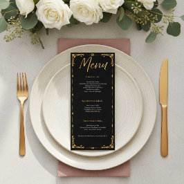 Elegant Black and Gold Floral Wedding Menu Card メニュー