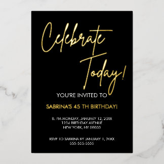  Elegant Black and Gold Foil Birthday Invitation 箔招待状