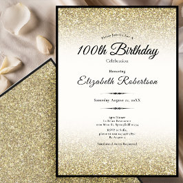 Elegant Black and Gold Glitter 100th Birthday  招待状