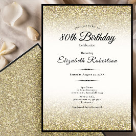 Elegant Black and Gold Glitter 80th Birthday  招待状