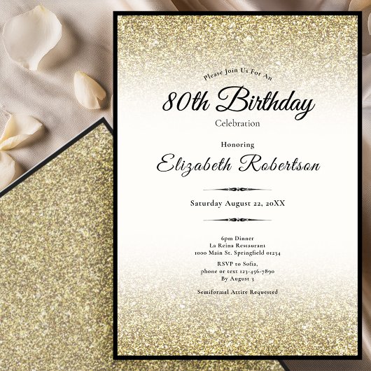 Elegant Black and Gold Glitter 80th Birthday  招待状