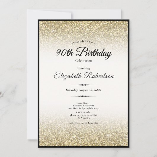 Elegant Black and Gold Glitter 90th Birthday  招待状 (正面)