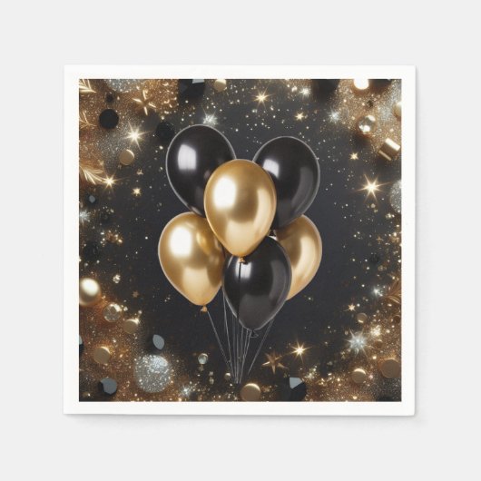Elegant Black and Gold Glitter Balloon Birthday スタンダードカクテルナプキン (正面)
