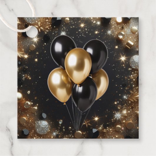 Elegant Black and Gold Glitter Balloon Birthday フェイバータグ (正面)