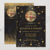 Elegant Black and Gold Glitter Disco Balls Wedding 招待状 (正面/裏面)