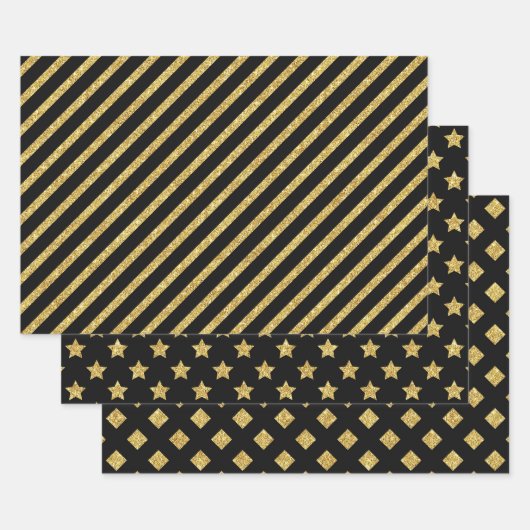 Elegant Black and Gold Glitter Patterns ラッピングペーパーシート (セット)