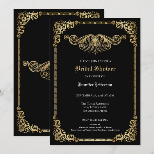Elegant black and gold Gothic Bridal Shower 案内状 (正面/裏面)