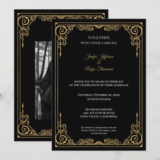 Elegant black and gold Gothic wedding Invitation 招待状 (正面/裏面)