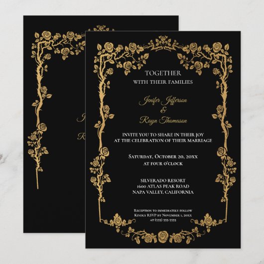 Elegant black and gold Gothic wedding Invitation 招待状 (正面/裏面)