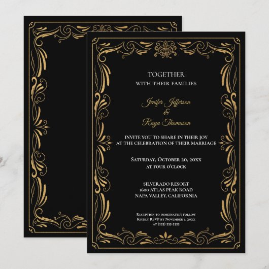 Elegant black and gold Gothic wedding Invitation 招待状 (正面/裏面)