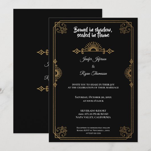 Elegant black and gold Gothic wedding Invitation 招待状 (正面/裏面)