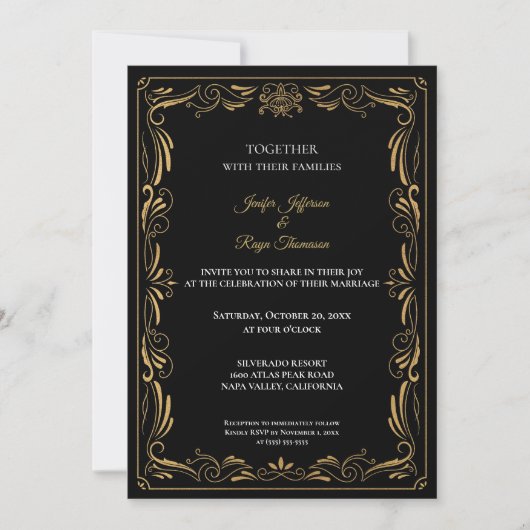 Elegant black and gold Gothic wedding Invitation 招待状 (正面)