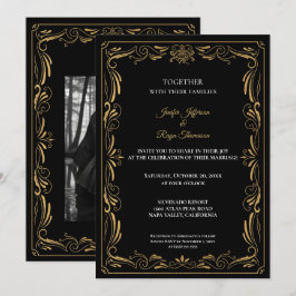 Elegant black and gold Gothic wedding Invitation 招待状