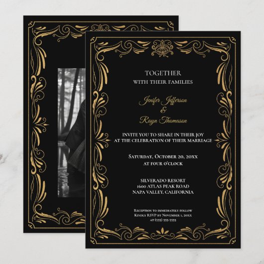 Elegant black and gold Gothic wedding Invitation 招待状 (正面/裏面)