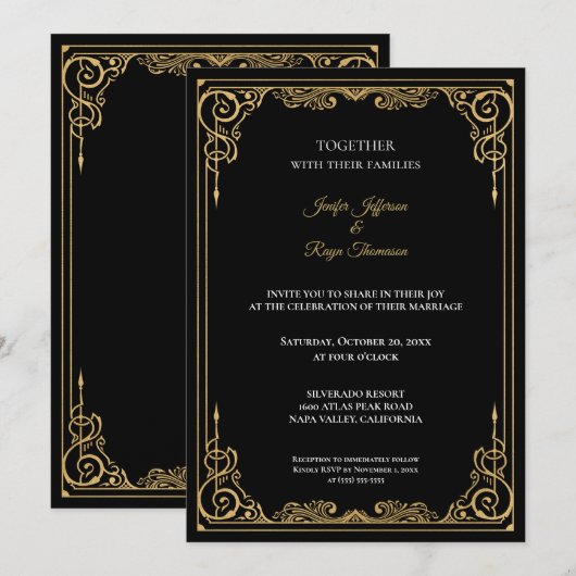 Elegant black and gold Gothic wedding Invitation 招待状 (正面/裏面)