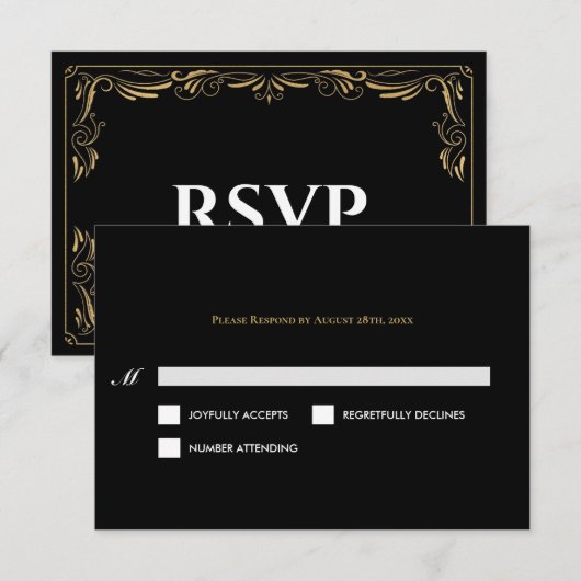 Elegant black and gold Gothic Wedding RSVP Card (正面/裏面)