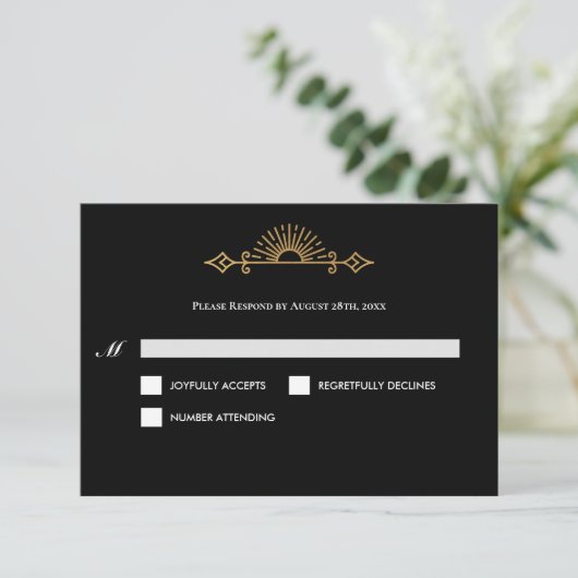 Elegant black and gold Gothic Wedding RSVP Card (スタンド正面)