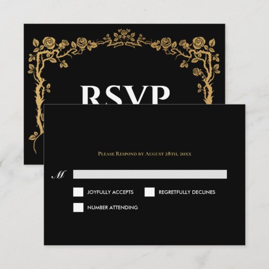 Elegant black and gold Gothic Wedding RSVP Card (正面/裏面)