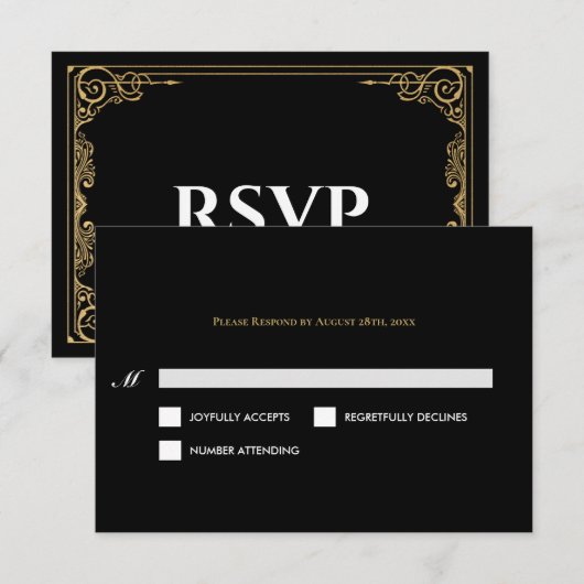 Elegant black and gold Gothic Wedding RSVP Card (正面/裏面)