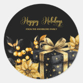 Elegant Black and Gold Happy Holidays Sticker ラウンドシール (正面)