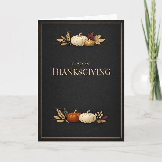Elegant Black and Gold Happy Thanksgiving Pumpkin カード (正面)