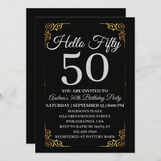 Elegant Black and Gold Hello 50th For Women  招待状