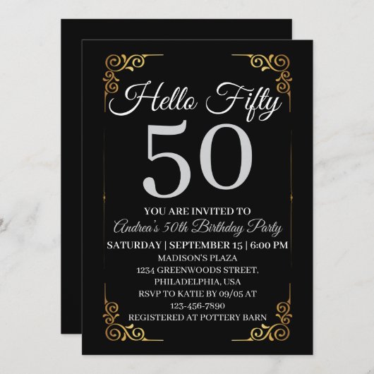 Elegant Black and Gold Hello 50th For Women 招待状 (正面/裏面)