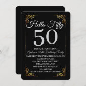 Elegant Black and Gold Hello 50th For Women 招待状 (正面/裏面)