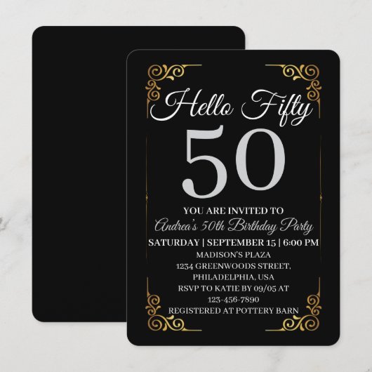 Elegant Black and Gold Hello 50th For Women 招待状 (正面/裏面)