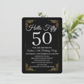 Elegant Black and Gold Hello 50th For Women  招待状