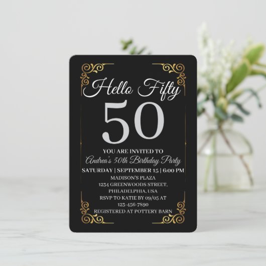 Elegant Black and Gold Hello 50th For Women 招待状 (スタンド正面)