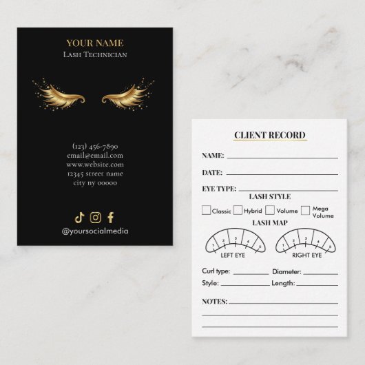Elegant Black and gold Lash Client Record Form 名刺 (正面/裏面)