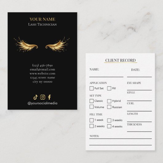Elegant Black and gold Lash Client Record Form 名刺 (正面/裏面)