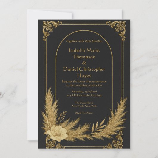 Elegant Black and Gold Luxury Wedding Invitation 招待状 (正面)
