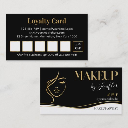 Elegant black and gold makeup artist Loyalty Card ロイヤリティカード (正面/裏面)