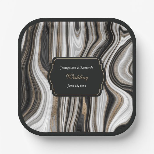 Elegant Black and Gold Marble Wedding ペーパープレート (正面)