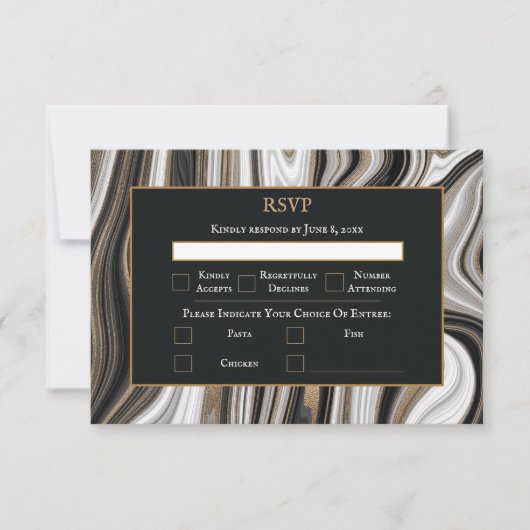 Elegant Black and Gold Marble Wedding 出欠カード (正面)