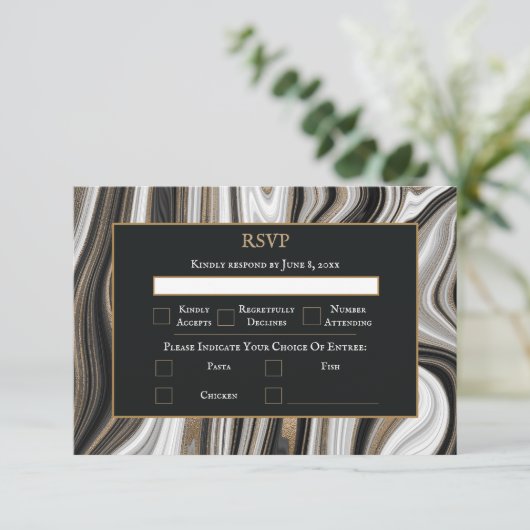 Elegant Black and Gold Marble Wedding 出欠カード (スタンド正面)
