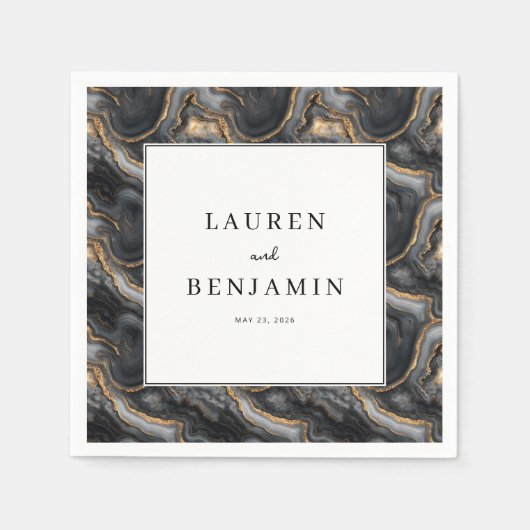 Elegant Black and Gold Marbled スタンダードカクテルナプキン (正面)