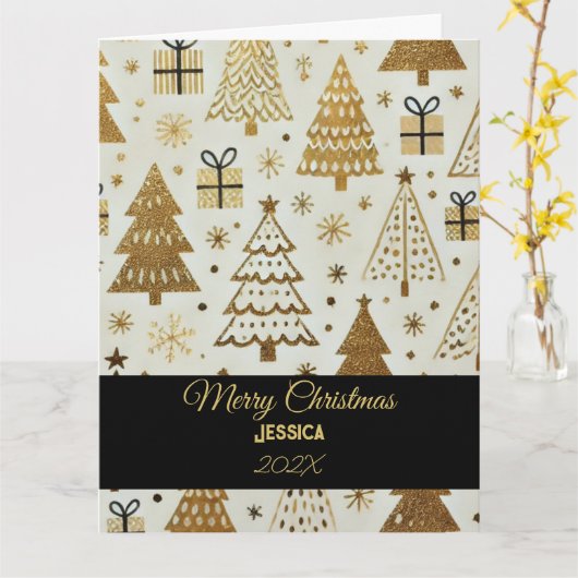Elegant Black and Gold Merry Christmas Custom Name カード (黄色い花)