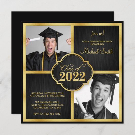 Elegant Black and Gold Modern Class of 2022  招待状 (正面/裏面)