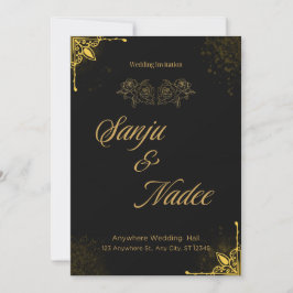 Elegant Black and Gold Modern Wedding Invitation 招待状