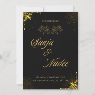 Elegant Black and Gold Modern Wedding Invitation 招待状