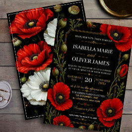 Elegant Black and Gold Red Poppy Vintage Floral 招待状
