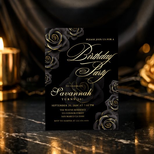 Elegant Black and Gold Rose Birthday  箔招待状