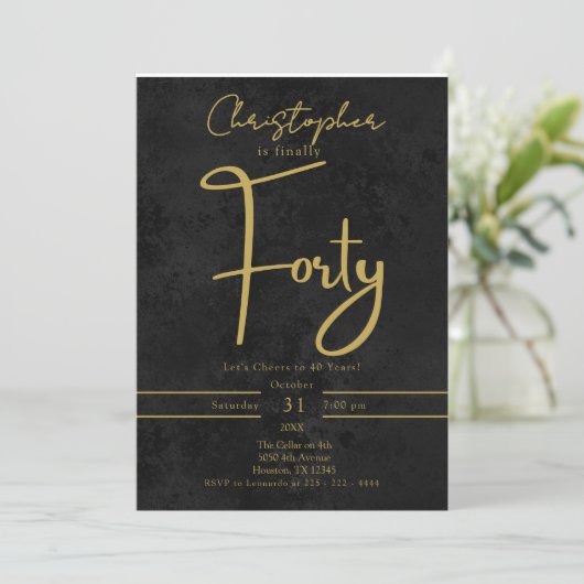 Elegant Black and Gold Script Fortieth Birthday  招待状 (スタンド正面)