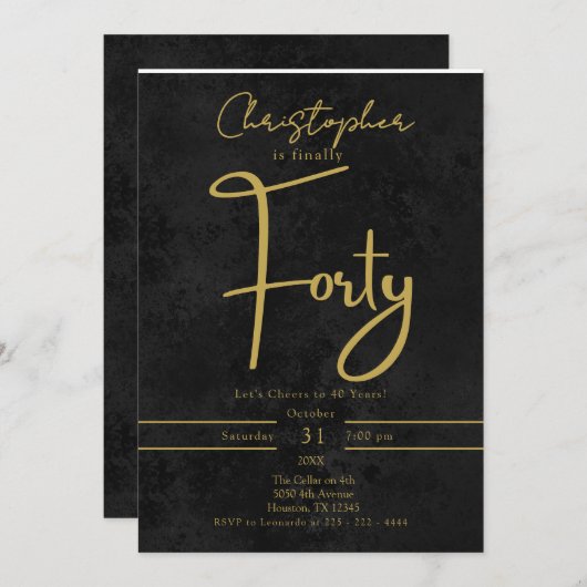 Elegant Black and Gold Script Fortieth Birthday  招待状 (正面/裏面)