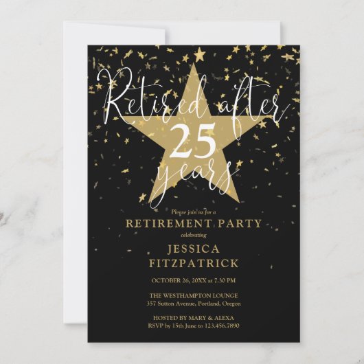 Elegant Black And Gold Stars Retirement Party 招待状 (正面)