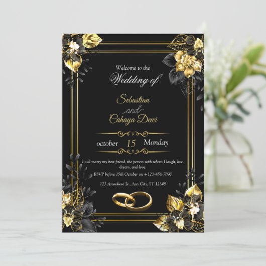 Elegant black and gold summer wedding 招待状 (スタンド正面)